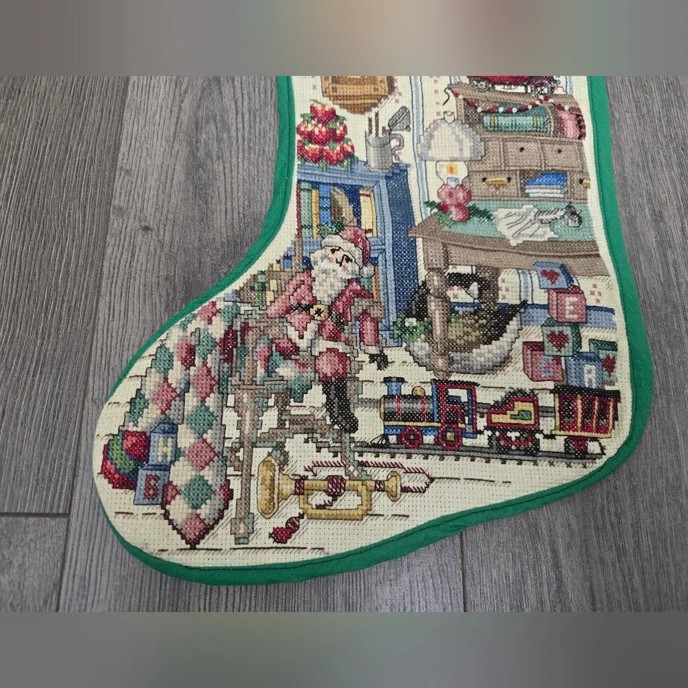 Handmade Crossstitch Christmas Stocking Vintage Cabincore Farmhouse Primitive